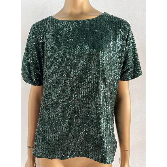 H & M Women's Sequin Short Sleeve Emerald Green Blouse Size Small - Picture 1 of 10